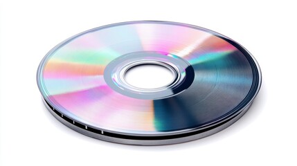 Fototapeta premium Close-up of a shiny, rainbow-colored CD or DVD disc on a white background.