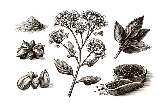 Vintage seed sketch of mustard with branching flowers, seeds, pods, and crushed spice forms in detailed engraved format. Ultra HD