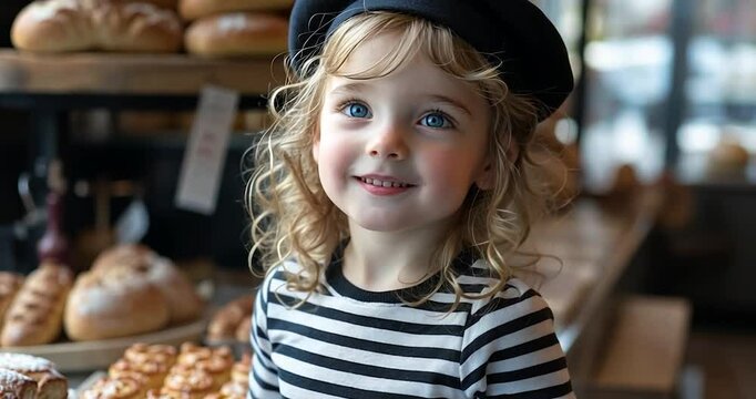 Adorable toddler with blond curly hair and bright blue eyes, wearing a black beret and striped shirt, stands in front of a bakery display filled with various pastries and breads - Powered by Adobe