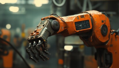 Close-up of an orange industrial robot arm with a dirty gripper