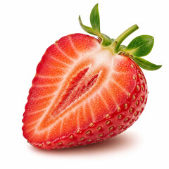 Strawberry half shows vibrant red color with green leaves in a studio shot on white
