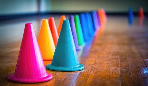 Colorful cones in a line on a wooden floor