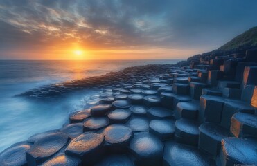 Obraz premium Sunset over unique hexagonal basalt rock formations along a misty coastline with a dramatic cloudy sky