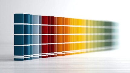 Colorful gradient of book spines arranged on a wooden surface