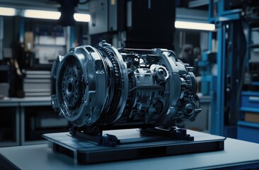 Complex automotive transmission on a stand in a factory