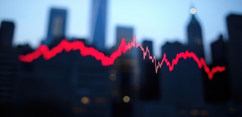Declining market graph against city skyline