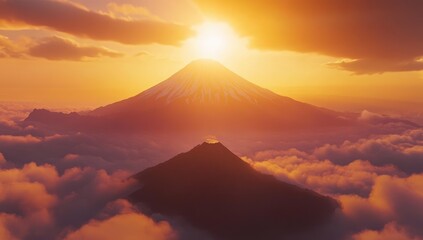 Majestic mountain peak, snow-capped, rises above clouds at fiery sunset