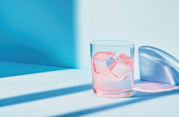 Light-blue backdrop, glass of water with ice cubes, soft shadows