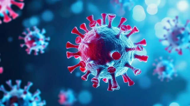 Close up of virus particle with red spike proteins floating in blue background showing detailed microscopic structure infection disease biology medical detailed 3D rendering scientific concept - Powered by Adobe