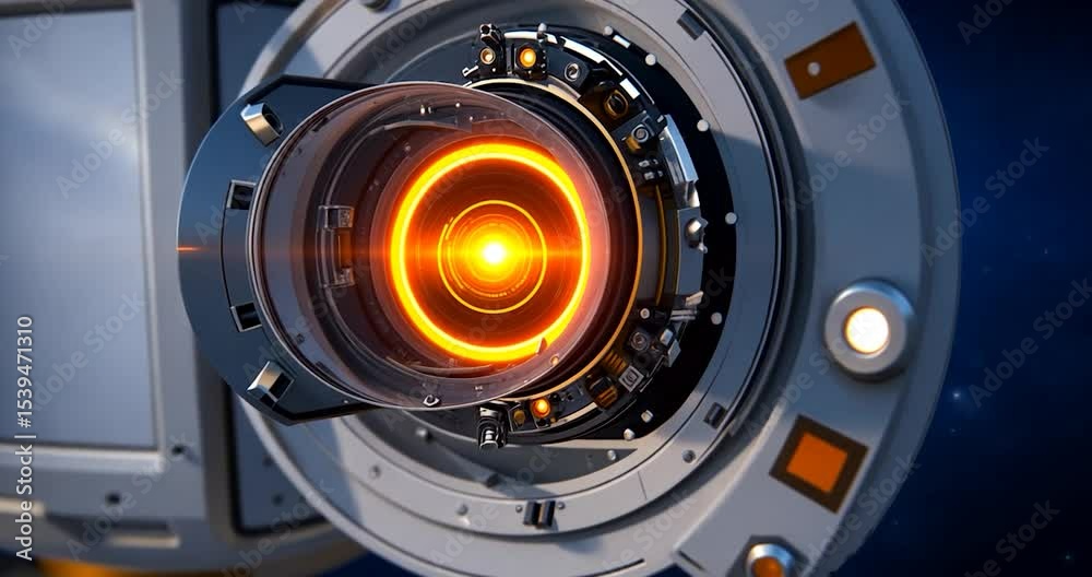 Wall mural close-up view of a futuristic, circular device with glowing orange core. metallic gray and white com