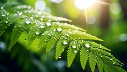 Dewdrops on Fern with Sunlight, and Nature.