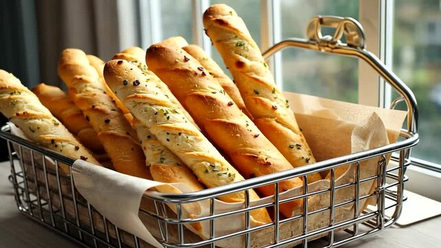 Freshly baked breadsticks in a wire basket near a sunny window with greenery outside