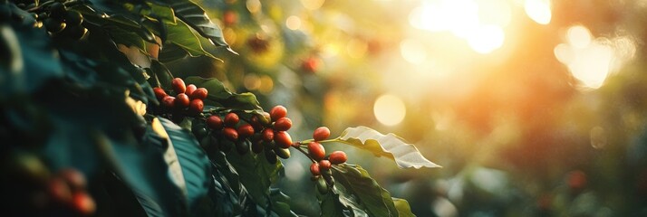 Coffee cherries ripening on a tree branch, bathed in golden sunlight