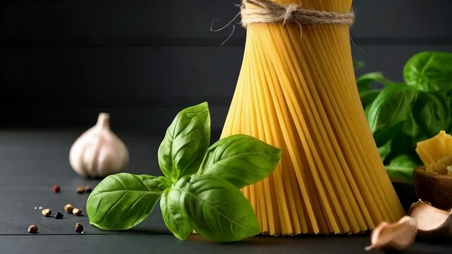 Dried spaghetti bundle tied with twine sitting near fresh basil leaves, garlic clove, and cheese on dark background.