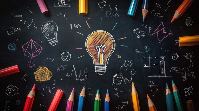 Colorful pencils arranged around a central glowing light bulb drawing on a blackboard with various scientific and mathematical doodles conveying creativity and ideas