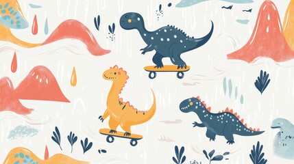 Cute dinosaurs skateboarding on pastel landscape.