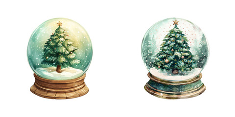 christmas tree in snowglobe watercolor vector illustration