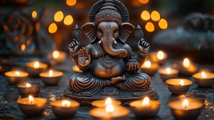 Fototapeta premium Intricately detailed elephant-headed deity statue surrounded by glowing small oil lamps creating a serene and reverent atmosphere