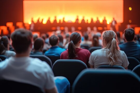 Audience seated in a dimly lit auditorium watching a panel discussion on stage with orange backlighting