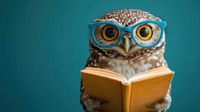 Close-up of a small owl wearing large blue glasses holding an orange book with a focused and curious expression against a blue background