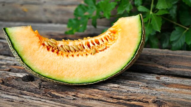 Freshly cut cantaloupe slice resting on rustic wooden surface with greenery in background