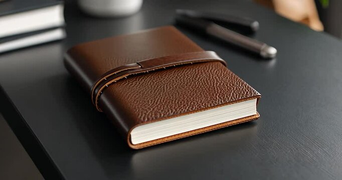 Brown leather journal with a leather strap lies on a dark table, next to a pen and books. Close-up view
