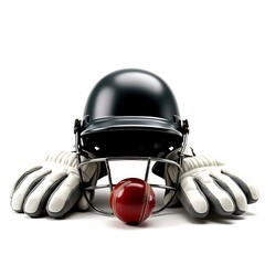 Set of detailed cricket gear including bat, ball, helmet, and gloves, carefully arranged and isolated on a transparent background, ideal for sports design and promotional use.