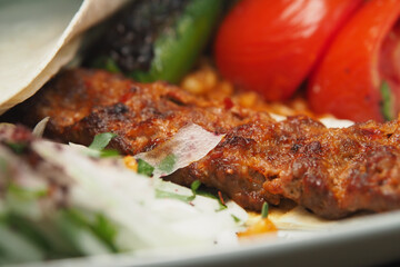 Delicious grilled kebab with fresh vegetables and bread