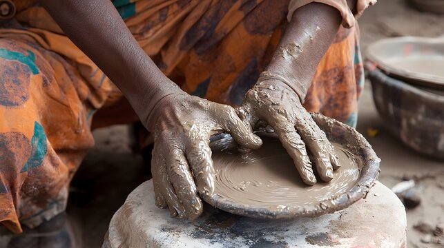 21. Real artisan working on pottery with hands covered in clay - Powered by Adobe