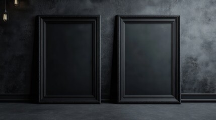 Two empty black picture frames with detailed borders leaning against a dark textured wall in a dimly lit room conveying a moody and mysterious atmosphere