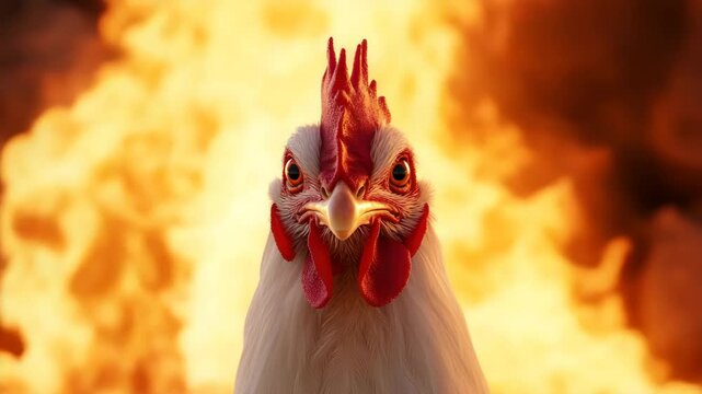 Close up of white chicken bird with red comb and wattle, intense fiery background creating dramatic poultry farm animal portrait showing detailed feathers and powerful expression