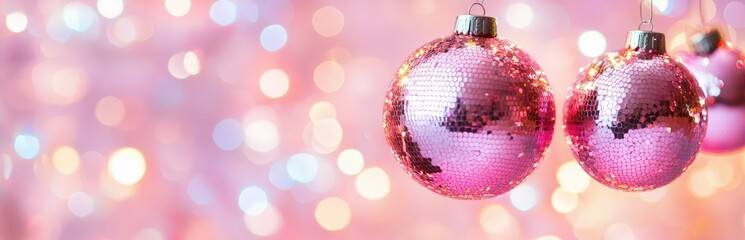 Fototapeta premium Festive pink Christmas ornaments against a soft, blurred background of bokeh lights