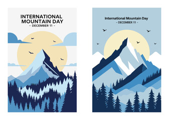 International Mountain Day Vector Illustration Of Snowy Peaks And Pine Trees