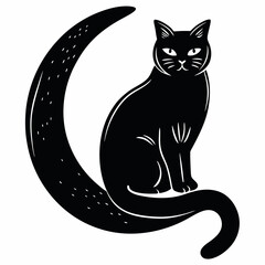 Curled cat silhouette sitting on a crescent moon