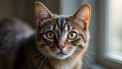 Close up portrait of a tabby cat with striking yellow eyes looking directly at the camera indoors near window