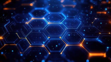 Obraz premium Glowing futuristic hexagonal grid pattern with blue and orange lights creating a high-tech digital atmosphere