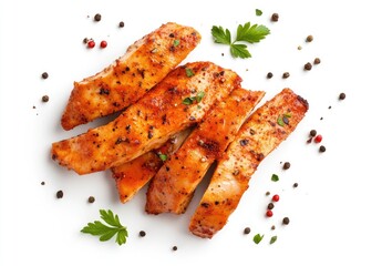 Sliced, seasoned chicken breast pieces, arranged on white background with parsley and spices