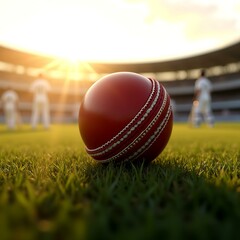 Red Cricket Ball on the Grass Field with a Player in White Uniform in the Background, Set Against the Dynamic Atmosphere of the Stadium Ground