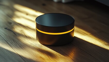 Sleek black round device with glowing yellow ring, resting on light brown wooden floor, sunbeams cast shadows