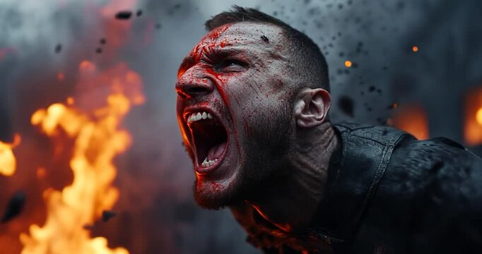 Bloody man screaming amidst fire and debris. Intense close-up shot with dark and fiery background. Gritty and dramatic visual