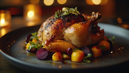 Roasted chicken, vibrant colors,  seasonal vegetables on a plate,  candlelight ambiance