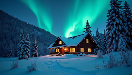 Fototapeta premium Stunning Northern Lights Display Over Cozy Winter Cabin and Snow Covered Landscape