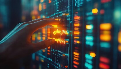 Obraz premium Close-up of human hand interacting with illuminated futuristic digital interface displaying financial or data charts in blue and orange hues