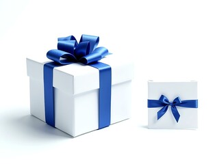 3D realistic white gift boxes with blue bow. Paper boxes with ribbon and shadow isolated on white background. Vector illustration.