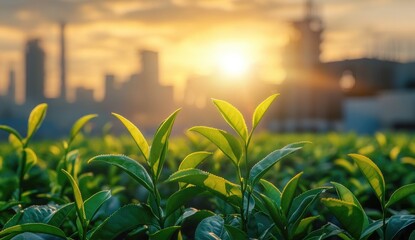 Lush tea plants in vibrant green, sunrise over urban skyline