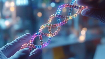 Close-up of gloved hands holding a glowing, colorful DNA double helix model in a scientific laboratory setting conveying discovery and innovation