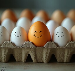 A group of white and brown eggs with smiling faces drawn on them arranged in a carton, conveying happiness and friendliness
