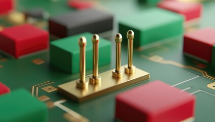 Close-up of gold switch on green circuit board with colorful squares