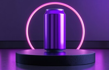 Purple metallic can on dark podium, neon light