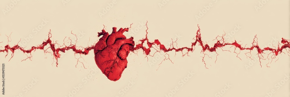 Poster Heartbeat Line Transforms Into a Tangled Structure With a Soft Beige Background, Evoking Emotions of Chaos and Complexity